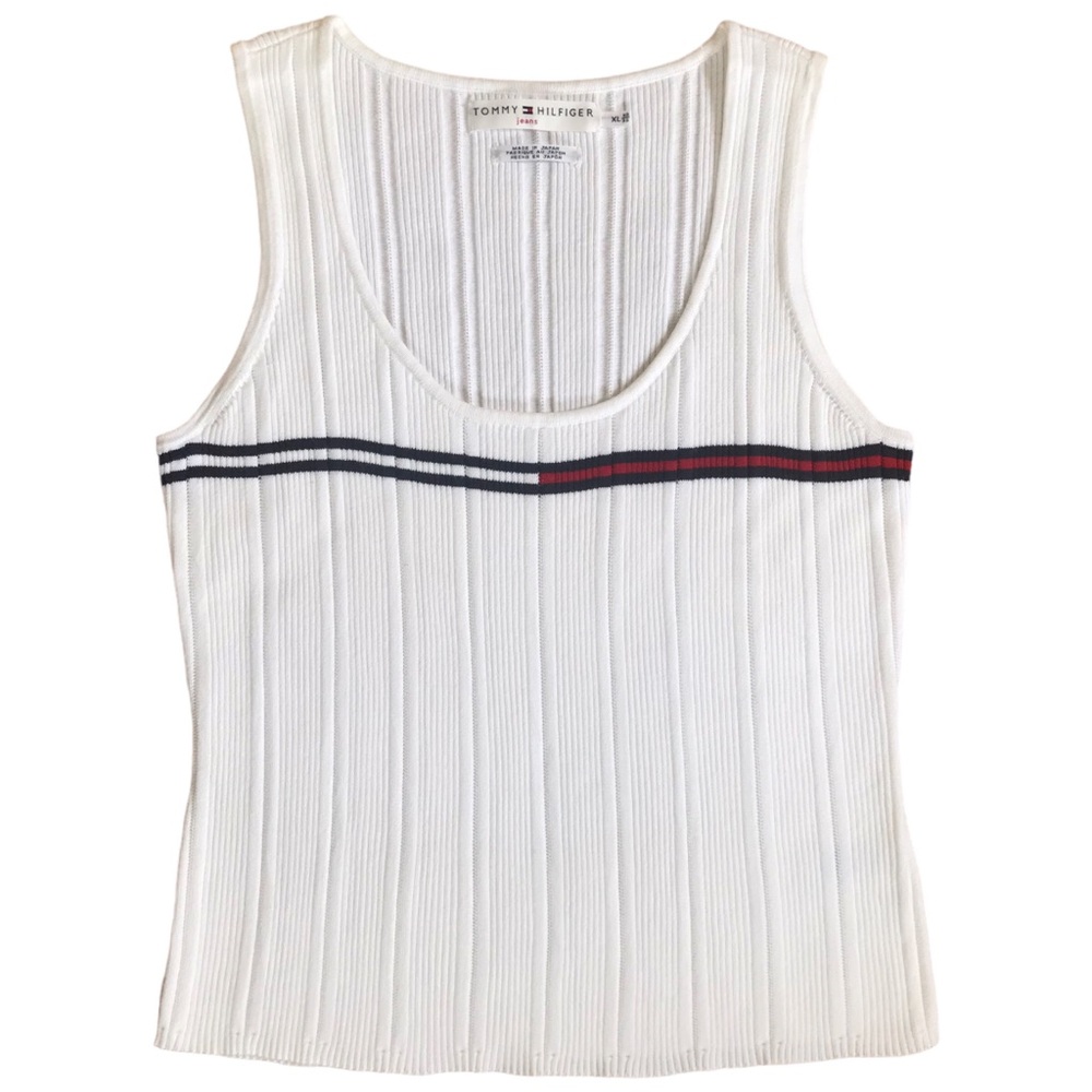 Womens Xl Vintage Y2K Tommy Hilfiger White Cotton Knit Scoop Neck Tank With Logo